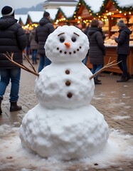 Obraz premium Snowman at a christmas market with people in background snowman christmas holiday decoration winter season cute snow