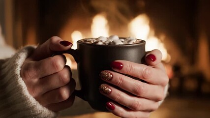 Cozy winter evening, warm beverage by the fireplace, holiday relaxation with hot cocoa, festive nail art, hygge vibes