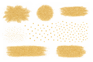 Golden glitter elements set transforming, shimmering dust with sparkling brush strokes on transparent background