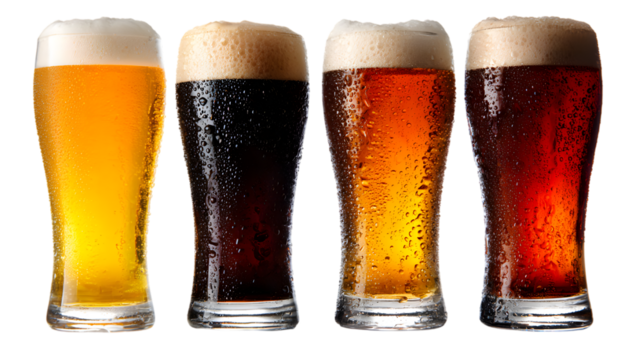Four beer glasses different colors isolated on a transparent background