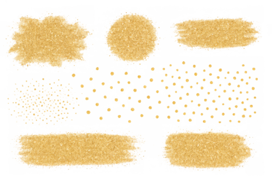 Golden glitter elements set transforming, shimmering dust with sparkling brush strokes on transparent background