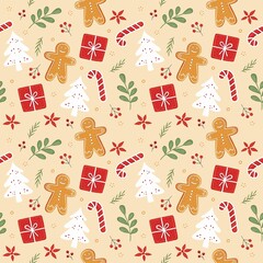 Cute Christmas Seamless Pattern with Gingerbread Men White Trees Gift Boxes Candy Canes and Holiday Botanicals on Beige Background Festive Winter Texture