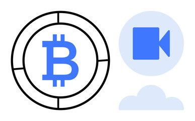 Bitcoin symbol inside a circle, video camera, and cloud icon highlight finance, media, and cloud technology. Ideal for finance, blockchain, technology, media streaming cloud computing innovation