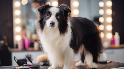 Border Collie stands on a grooming table inside a makeup studio. Bright makeup lights and bottles frame the scene around the dog.