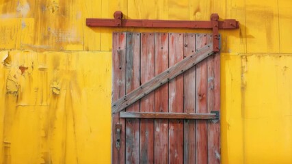 Rustic wooden door on vibrant yellow wall - Powered by Adobe