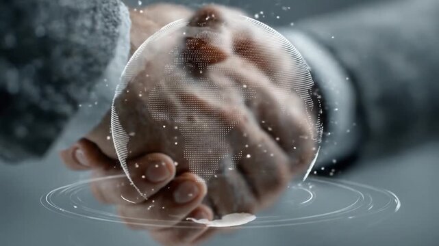 Hands clasping with a holographic globe overlay, signifying global connection