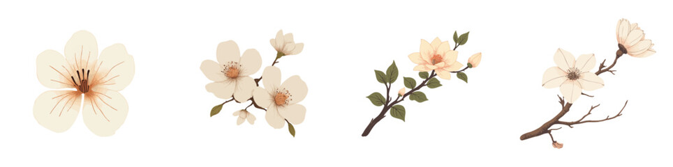 White camelia flowers set on white glowing background. Traditional oriental ink painting sumi-e, u-sin, go-hua. Translation of hieroglyph - clarity.