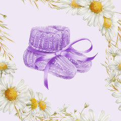 Symbol of World Prematurity Day-Purple knitted socks with ribbon,chamomile flowers symbolizing purity and childhood innocence.Watercolor seamless pattern for charity projects,social media