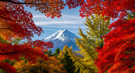 Vibrant autumn foliage framing snow-capped mountain beneath clear blue sky