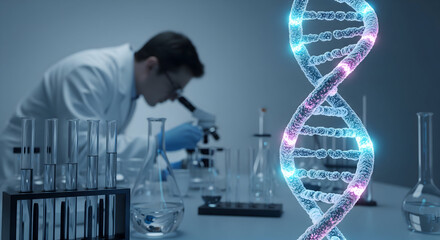 Scientist analyzes DNA under microscope in modern laboratory, groundbreaking research