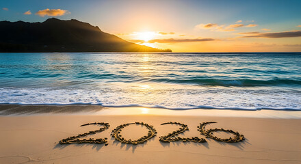 Golden sunset over ocean waves with the year 2026 written in sand on tropical beach