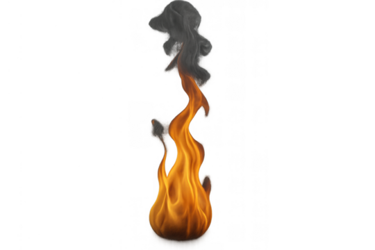 Burning fire element with dark smoke creating heat and destructive energy on a transparent background