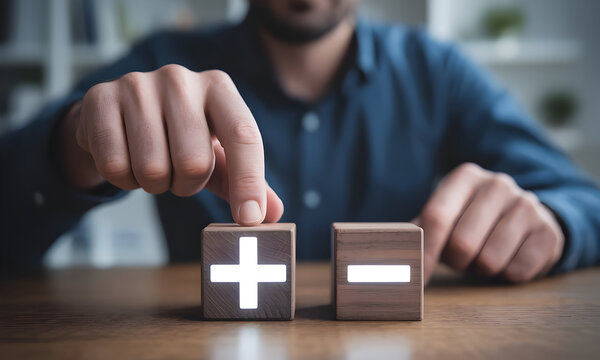 Strategic business decision with plus and minus blocks for modern problem solving