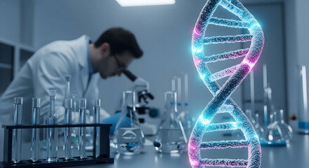 Cutting-edge research in modern lab with DNA model, science and medicine advancements