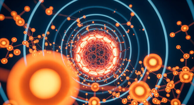Stunning atomic structure glowing orange and blue, science and technology concept