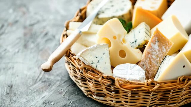 Basket filled with assorted cheeses sitting on textured surface