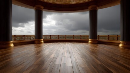Obraz premium An ornate temple balcony with wooden floor and pillars opens to a dramatic stormy sky