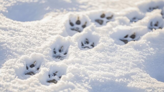 Multiple animal paw prints in fresh white snow, showing clear tracks in cold winter environment. - Powered by Adobe
