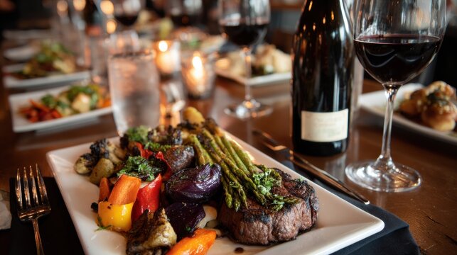 Grilled Vegetables Plated With Steak and Wine at a Upscale Dining Experience