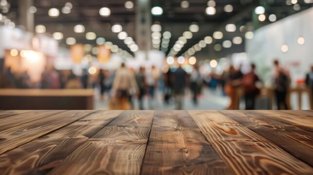A wooden table in the foreground with a blurred background of a busy exhibition hall filled with people and bright lights. - Powered by Adobe