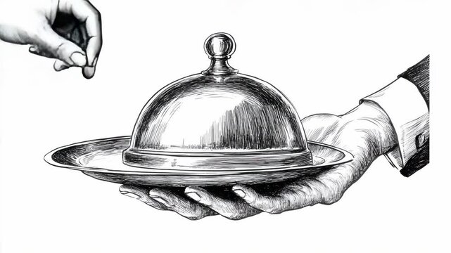 Detailed monochrome drawing of a serving tray with cloche held by one hand as another prepares to lift it