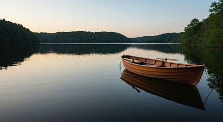 Obraz premium A small wooden rowboat gently floats on a serene, calm lake, reflecting the peaceful natural surroundings under a clear sky ,picturesque ,nobody present ,idyllic