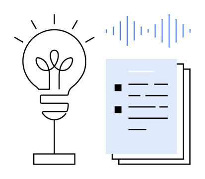 Lightbulb as a creativity metaphor, soundwave symbolizing communication, and orderly documents portraying planning. Ideal for innovation, brainstorming, strategy development, ideas, communication