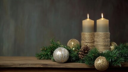 Candles surrounded by pine cones and golden ornaments create a warm and inviting atmosphere for the holiday season