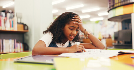 Confused, child or difficult homework in library with stress, education burnout or information...