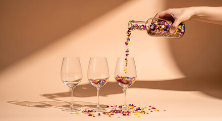 Hand pouring colorful confetti from a patterned bottle into champagne flutes for a celebration