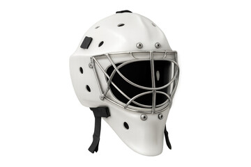 Fototapeta premium Ice hockey goalie mask protecting the goaltender, white sports equipment for ice hockey sport, transparent background
