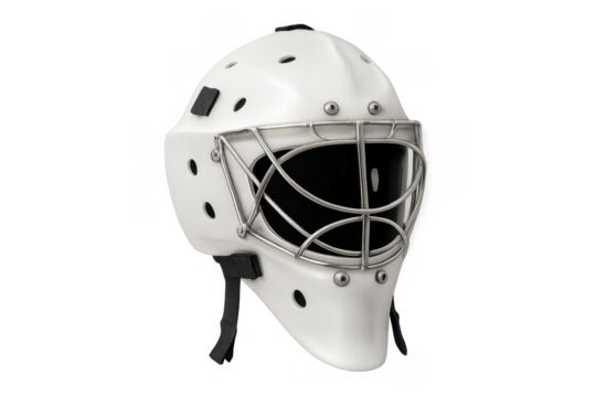 Ice hockey goalie mask protecting the goaltender, white sports equipment for ice hockey sport, transparent background