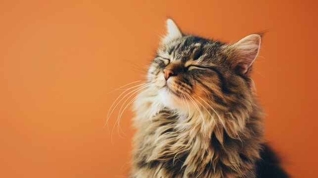 A fluffy brown tabby cat with green eyes sits against an orange background. The cat appears relaxed and content, with its eyes partially closed.