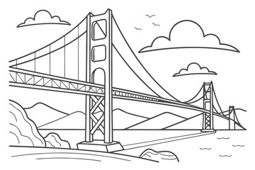 Minimilist illustration of a large suspension bridge over water with mountains and clouds in the background vector