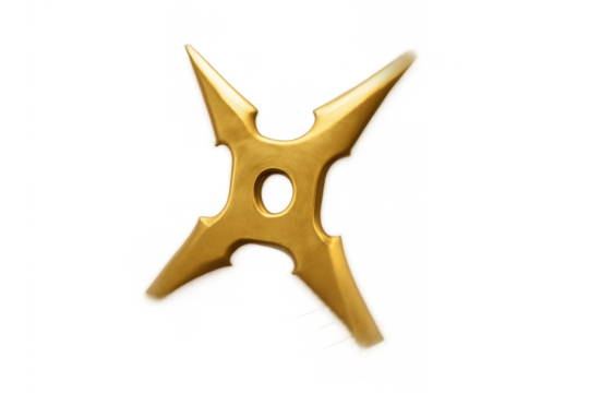 Golden shuriken ninja star weapon on transparent background, symbolizing martial arts, power, and traditional japanese combat