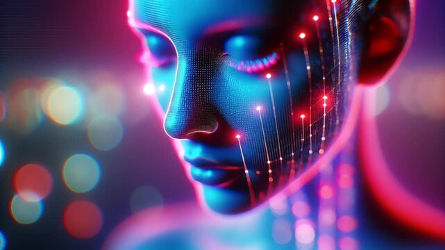 Video of woman face with futuristic neon digital glow and high-tech cyber style lighting.
