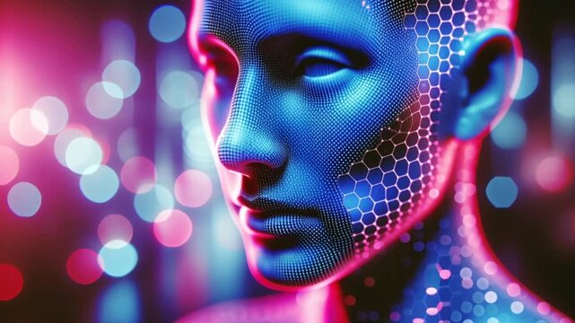 Video of human face with futuristic high-tech glow and neon digital light in cyber style.
