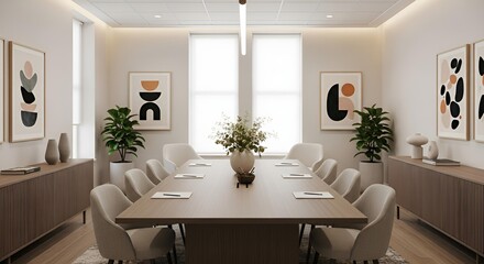 Contemporary office room showcasing a matte wooden table, cushioned client chairs, and balanced décor producing a calm and organized meeting setup