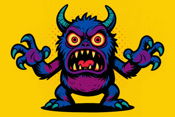 Fototapeta premium blue monster with horns and claws, yelling with rage in a bold comic pop art design. Generative ai vector colorful pop art illustration.