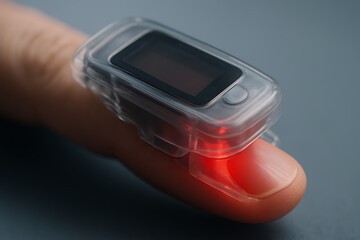 A translucent fingertip pulse oximeter glows softly with red light as it clips onto a finger, capturing vital oxygen measurements through its compact, modern medical sensor design.