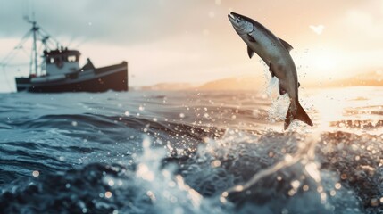 A salmon leaps out of the water near a fishing boat during sunset. The scene captures the dynamic movement of the fish and the tranquil ocean setting.