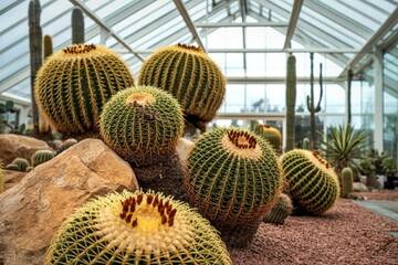 Golden barrel cacti thrive in a sunlit greenhouse environment