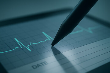 A sleek stylus interacts with a digital ECG display, capturing precise heart rhythm lines on a modern medical interface, symbolizing advanced diagnostic monitoring technology.