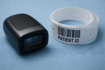 A close-up photo of a compact barcode scanner placed beside a white patient identification wristband. The medical items rest on a clean blue surface, emphasizing accuracy, safety, and modern hospital 