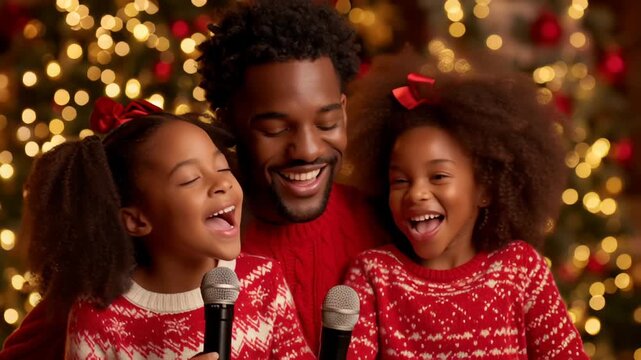 A father and his two daughters share heartwarming moments as they sing together, surrounded by sparkling lights and holiday cheer, creating memories to cherish forever
