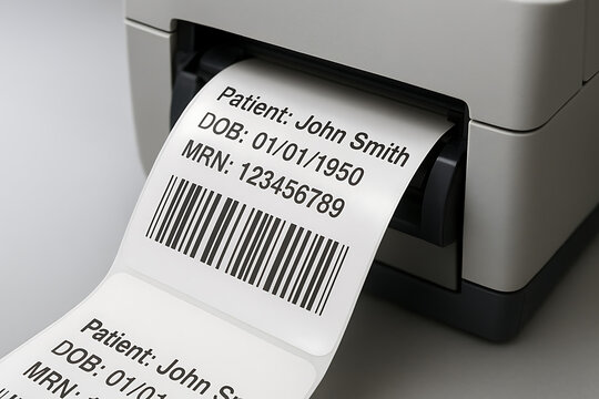 A medical label printer producing a wristband with fictional patient details and a barcode. The crisp black text and clean design emphasize identification accuracy in healthcare environments. - Powered by Adobe