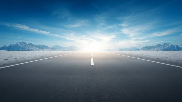 A long, straight road stretches into the distance, surrounded by white snow and majestic mountains under a clear blue sky as the sun begins to rise on a new day