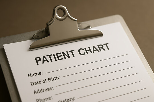 A patient chart on a metal clipboard, displaying blank fields for medical information. The clean layout and professional materials reflect organized documentation in clinical settings.