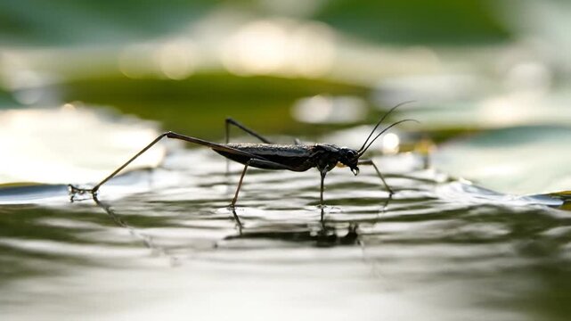 A close-up of a water strider insect on a pond. The insect is in the water