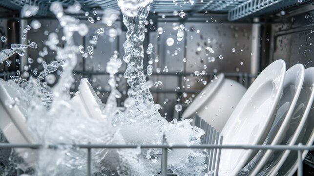 A close-up view of a dishwasher in action, with water splashing over clean plates and bowls. The interior is metallic and filled with kitchenware.